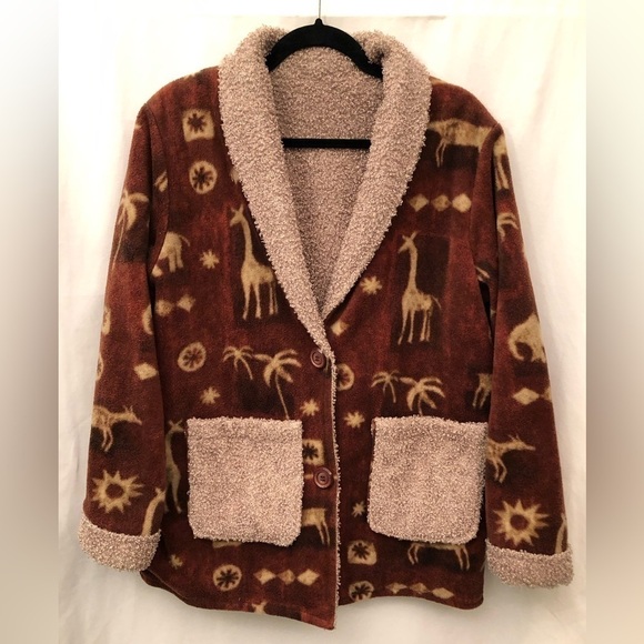 Safari Animal Fleece Teddy Bear Sherpa Jacket Brown Giraffe Elephant Size Large - Picture 1 of 16